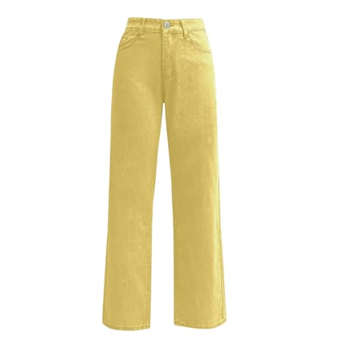 Image of Wide Leg Jeans for Women High Waist Straight Leg Distressed Palazzo Jeans Soild Color Smart Casual Denim Trousers Baggy Denim Lounge Pants Fashion Spring Work Trousers with Pockets,Yellow,XL