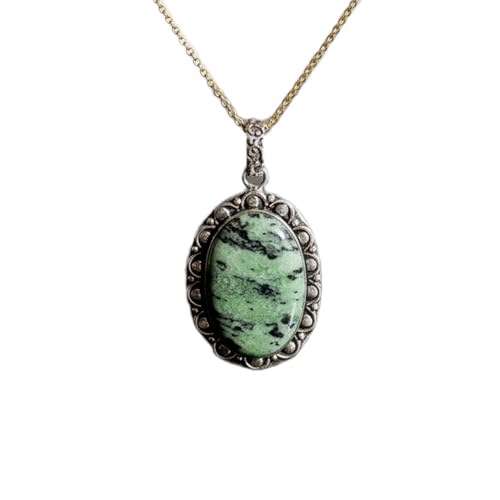 Collier pendentif ovale zoïsite rubis naturel vert argent 925 mixte