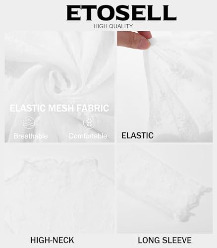 Womens Lace Mesh Long Sleeve Top Floral Sheer See Through Sexy Tops Mock Neck Shirts Party Club Night Blouses White