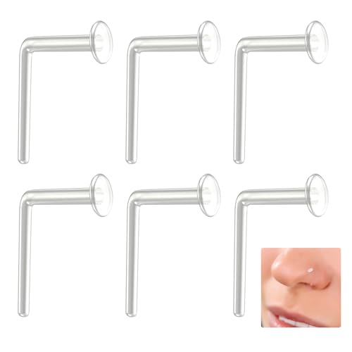 6 Pcs 20g 0.8mm L-Shaped Acrylic Nose Stud Clear Nostril Septum Retainer Jewelry Keeper Rings Small Flexible L Shape Bend Hide Piercing Flat Nose Lip Ear Tongue Hoop For School Daily Work Men Women