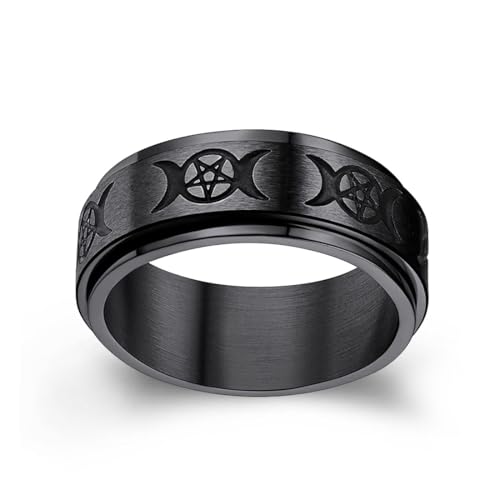 Goddess Pentagram Stainless Steel Wicca Pagan Triple Moon Spinner Band Ring Celtic Knot Rotatable Anxiety for Men Women Wedding Engagement Promise Jewelry-Black 12