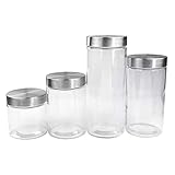 Home Basics 4 Piece Round Glass Canisters with Stainless Steel Airtight Screw On Lid Food Storage and More