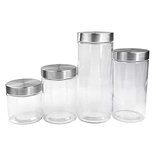 Home Basics 4 Piece Round Glass Canisters with Stainless Steel Airtight Screw On Lid Food Storage and More