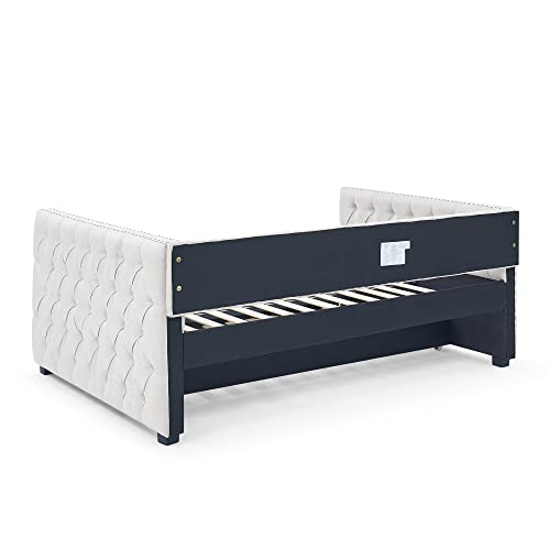 HAUSHECK Luxury Upholstered Daybed Full Size with Trundle on Wheels -Trundle Day Bed Frame with Caster, Button Tufted Backrest & Nailhead Square Armrest, Living Room Sofa Bed No Box Spring Needed - Thumbnail 7