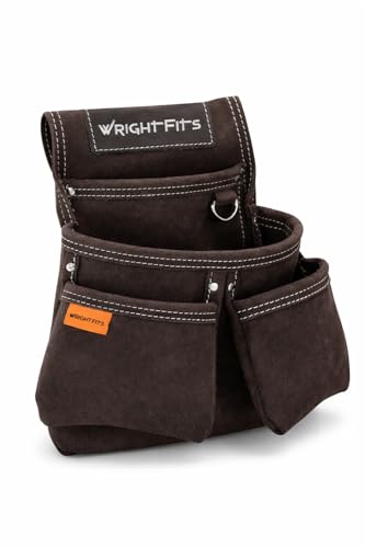 WrightFits Heavy Duty Leather Tool Pouch Brown – 4 Pocket Tool Organiser & Tool Belt Pouch with Hammer Loop, Nail & Small Parts Holder, Metal D-Ring | Carpenter & Electrician Work Pouch