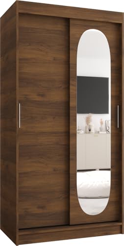 ABIKSMEBLE Royal 100 Armario de Dormitorios con Dos Puertas Correderas - Armario de Almacenamiento Moderno con Perchero y Estantes - 100x200x62 cm - Nuez de Warmia
