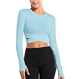 ORANDESIGNE Damen Sportshirt Langarm Yoga Crop Top Sexy Sport Oberteil Ausgesetzt Nabel Laufshirt Atmungsaktiv Leicht Training Gym T Shirt Schnelle Trockene Einfarbige A Blau XS