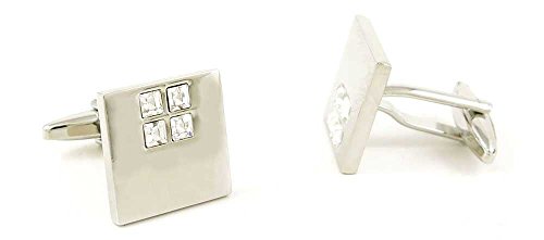 Par de Mancuernillas de Hombre Cuadradas Plata y Cristal Blanco miniatura 1