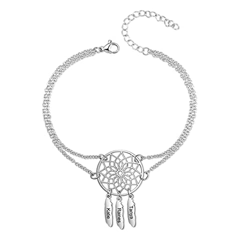 Lam Hub Fong Bracelet Women With 2~7 Names Personalized Women Name Anklet With Dream Catcher Pendant Bracelet Adjustable Length Gift For Ladies Wife Girlfriend (3 Names) Cover