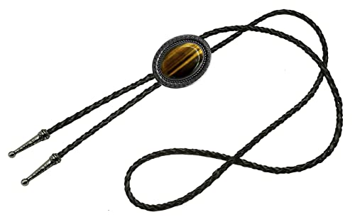 Image of Moranse Bolo Tie with Natural Tiger Eye Stone Celtic Style Genuine and Cowhide Rope
