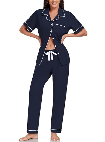 EA'S SECRET Womens 100% Cotton Pajama Sets Short Sleeve Shirt and Pajama Pants Soft Sleepwear Button Down Pjs for Women