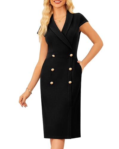 GRACE KARIN Women Work Bodycon Dresses 2025,Business Office Midi Cap Sleeve Button Pencil Formal Outfits with Pockets