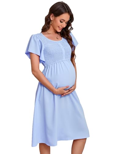 KOJOOIN Vestido feminino para gestantes verão manga curta gola quadrada casual rodado vestido midi sessão de fotos chá de bebê, Azul, G