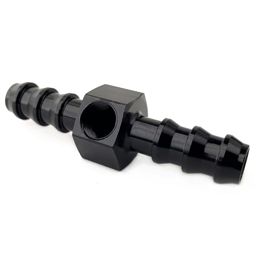 Image of 3 /8 Barb to 3 /8 inch Hose Barb Fuel Pressure Take Off Adapter with 1 /8 inch NPT Sensor Gauge Port Tube Fitting Tee Aluminum Black