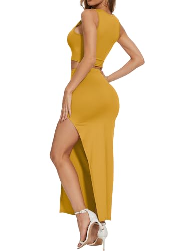 Image of ELLEVEN Two Piece Maxi Skirt Sets Summer 2 Piece Dress Outfits Sexy High Slit Long Skirt and Sleeveless Crop Top for Women Going Out Bodycon Yellow X-Small