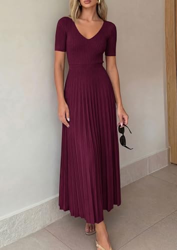 PRETTYGARDEN Women's 2026 Spring Midi Sweater Dresses Elegant Pleated Ribbed Knit Short Sleeve V Neck A Line Summer Outfits (Burgundy,Small) - image 5