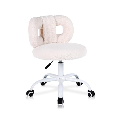 Image of Modern Faux Cashmere Home Office Chair, Height Adjustable Desk Chair with Back and Wheels for Living Room, Swivel Make-up Vanity Armless Chairs for Girls and Women (1, Cream)