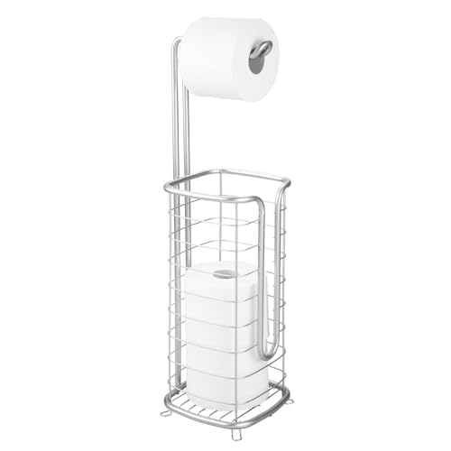 mDesign Steel Free Standing Toilet Paper Holder Stand and Dispenser Stand with Storage for Extra Toilet Paper in Bathroom - Holder 3 Mega Rolls of Toilet Tissue - Omni Collection - Chrome
