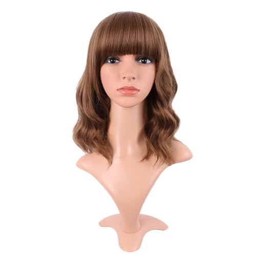 Image of MapofBeauty 14 Inch /35 cm Short Wavy Curly Women Fresh Bright Synthetic Ordinary Flat Bangs Bob Wig (Medium Brown)