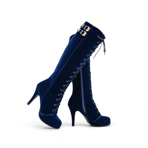 Image of getmorebeauty Womens Knee High Boots Suede Buckle Rock Lace Up Zipped Thigh High Heel Boots