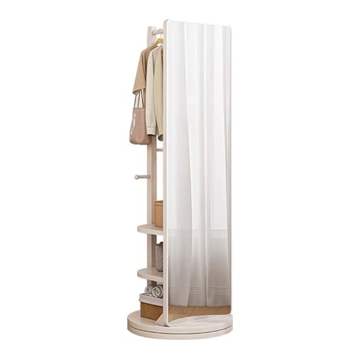 Espejo de cuerpo entero con perchero giratorio de 360°, espejo de piso de madera maciza, 6 ganchos y estantes de almacenamiento, espejo de cuerpo completo para decoración de dormitorio y sala de estar