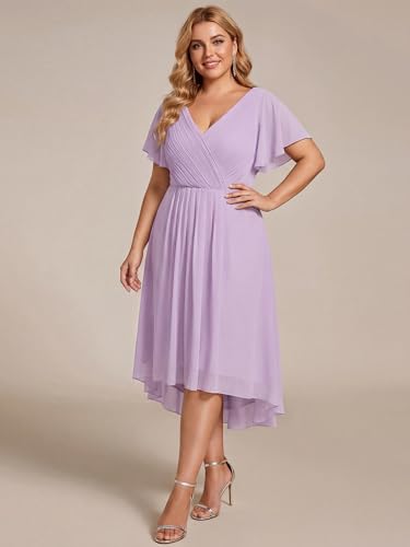 Image of Ever-Pretty Plus Summer Short Sleeves V-Neck Formal Wedding Guest Dresses for Curvy Women Chiffon Midi Cocktail Party Dress Frosted Lilac US18