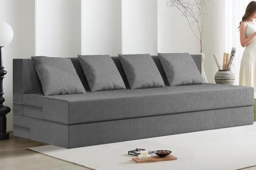 Image of Rosebell Foldable Easy Lightweight Four-Person Four Seater Sofa Cum Bed Jute Fabric Washable Cover- Including 4 Cushion - Size 6X6 Feet | Color - Grey | Perfect for Living Room & Office