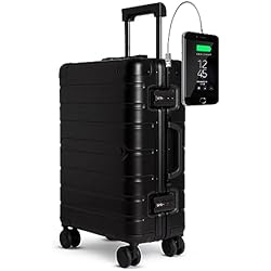 Maletas Tokyoto Outlet TOKYOTO Maleta de Cabina de Aluminio Puro Equipaje de Mano 55x35x20 Maleta Rígida Trolley de Diseño Aceptado en Cabina Black Logo (Preparada para Cargar Móviles) Luggage (Maleta + Cargador)