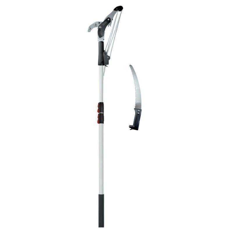 Corta ramas profesional + serrucho dentado japonés con mecanismo multiplicador de triple acción con pértiga ovalada de 3x1500mm con bloqueo de pestillo y anti-vibración. 1.5+1.5+1.5m.