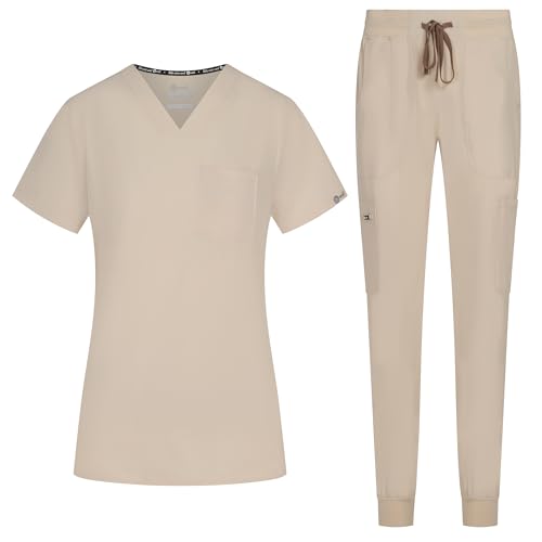 B-well NAOMI Uniforme médico para mujer con casaca y pantalón | Ropa sanitaria elástica, cómoda y profesional, arena, L