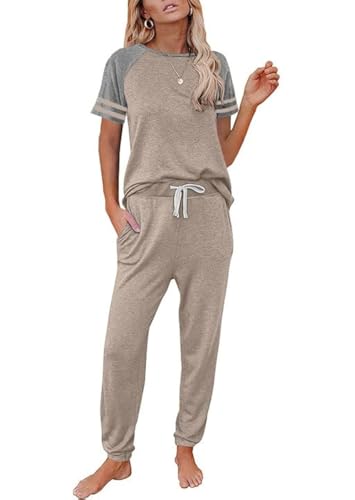 Image of PRETTYGARDEN Women Summer Two Piece Outfits Striped Short Sleeve Pullover and Long Pants Tracksuit Travel Pajama Lounge Set