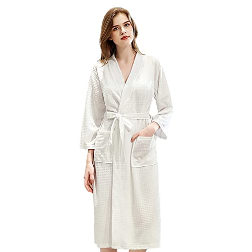 Jamron Hombre Mujer Parejas Albornoz Waffle Respirable SPA Hotel Batas Kimono Ropa de Casa Blanco SN070135 XL