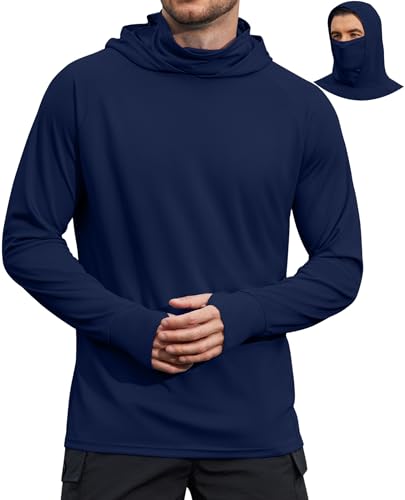 COOFANDY Mens UPF 50+ Sun Protection Hoodie with Mask Lightweight Long Sleeve SPF Fishing Shirts UV Hiking Running Rash Guard, Navy Blue, 3X-Large
