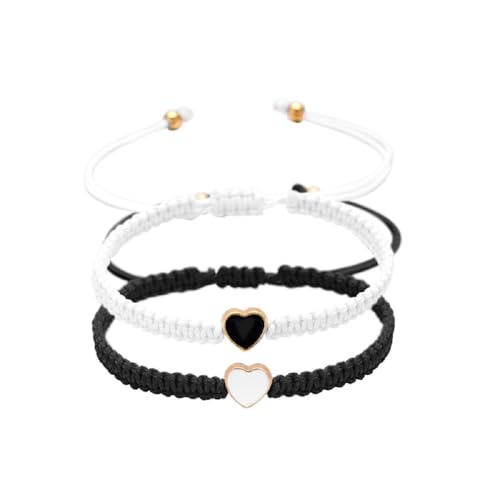 Set of 2 Colorful Heart Beaded Matching Bracelets for Couples and Friendships Pinky Promise Heart Braided Leather Rope Bangle Wrist Adjustable Bracelets Valentines Gifts- White & Black