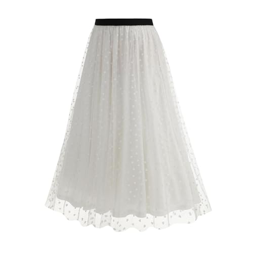 Women High Elastic Waist Pleated Solid Color Skirt Midi Swing A-line Skirts Midi Lace Tulle Tutu Cute Pleated Skirt