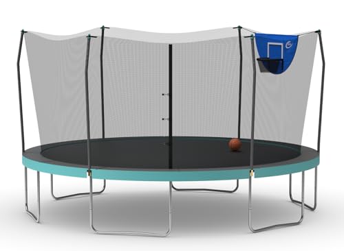 Skywalker Trampolines 15 Foot Jump N Dunk Round Trampoline with Enclosure-Basketball-Gray/Light Blue