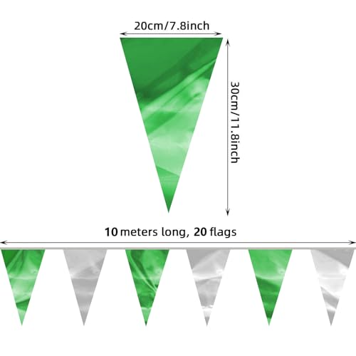 Image of 65FT Green Silver Glitter Triangle Pennant Banner Flag Metallic Bunting Fabric Garland for Christmas Graduation Wedding Engagement Anniversary Bachelorette Bridal Shower Valentine's Party Supplies
