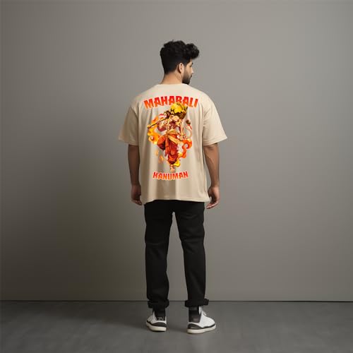 Image of prabhu bhakti Men's Oversized Mahabali Hanuman Printed T-Shirt |Back Print Drop Shoulder Pure Cotton Oversized Tshirt for Men