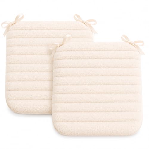Image of Amazon Brand - Umi Ivory White Faux Fur Chair Seat Cushions, 16x16 Inch Solid Fluffy Dining Chair Pads with Ties, Foam-Filled Bright Kitchen & Vanity Chair Pads, Set of 2