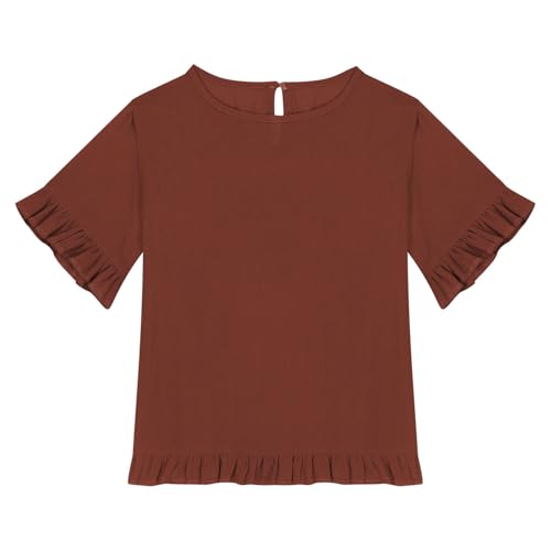 Girls Ruffle Sleeve Shirts Summer Cotton Linen Short Sleeve Kids Casual Crewneck Fashion Flowy Blouse Lightweight3