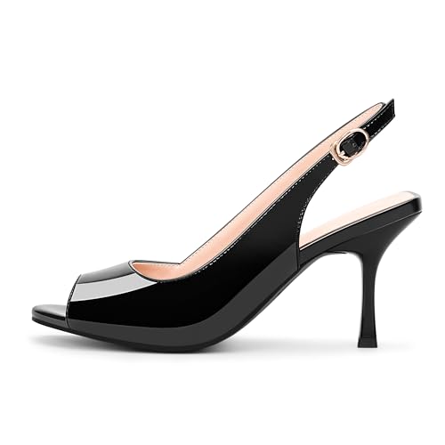 100FIXEO Women's Black Patent Leather Peep - Toe High Heel Slingback Sandals for Party & Work4