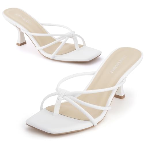 Image of Women's Strappy Square Open Toe Kitten Heel Thong Sandals Slip On Mule Style Dressy Summer Heels