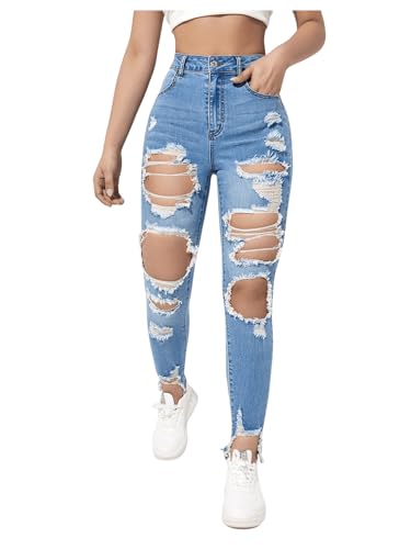 WDIRARA Women's High Waisted Ripped Raw Hem Skinny Jeans Distressed Cut Out Pants3