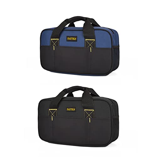 Fastech 14 Inch Small Tool Bag,Wide Mouth Tool Tote Bag,Waterproof Tool Organizer Bag,Electricians Repairman Tools Tote Bag Double Fabric Storage Bag (Black+Blue) #TOP3