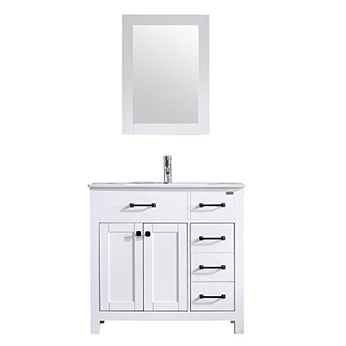 walnest 36 inch Free standing Bathroom Vanity Ceramic Vessel sink combo cabinet countertop with 2 doors undermount resin sink and chrome faucet combo with Mirror (white)