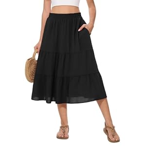 AYIFU Women’s Summer Midi Skirt Tiered Flowy High Waist A-Line Elastic Ruffle Casual Skirts with Pockets