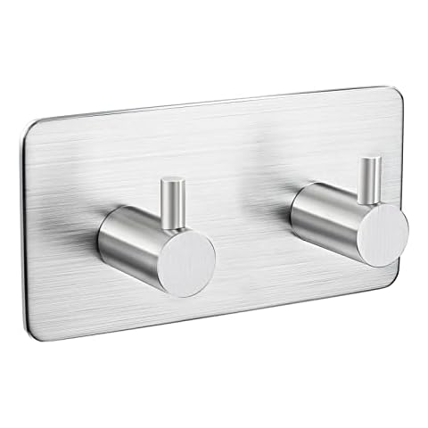 Aikzik Self Adhesive Double Coat Towel Robe Hook Rack Rail, Brushed Finish Stainless Steel Heavy Duty Hanger for Kitchen Bathrooms Lavatory Closets, Water and Rust Proof Cover
