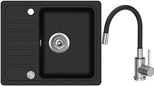 Spülbecken Schwarz 55x45 cm Einzelbecken Einbauspüle gesprenkelt reversibel + Drexexcenter + Siphon Waschbecken Wasserhahn Küchenarmatur