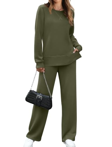 Image of OFEEFAN Women's 2 Piece Lounge Set Travel Airport Outfits Side Slit Tracksuit Wide Leg Loungewear Baggy Comfy Sweatsuit S-3XL