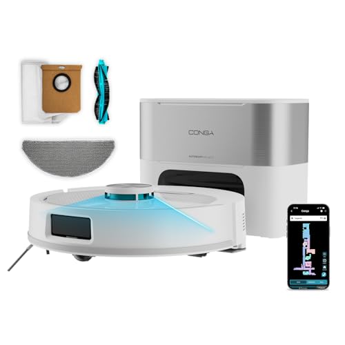 Cecotec Robot Aspirador y Friegasuelos con Base Autovaciado Conga Y60 Pearl. Navegación Láser, 13000Pa, Autonomía 200mins, Cepillo Multifunción, Bolsa de Polvo 3L, Bluetooth y WiFi, Control App
